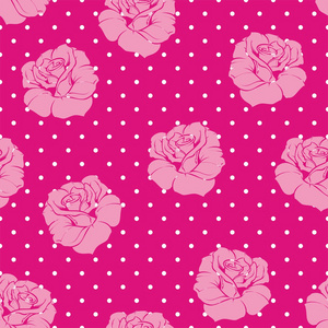 无缝矢量花卉图案优雅粉红玫瑰背景。美丽抽象纹理与淡粉色花和粉红色的背景上的圆点