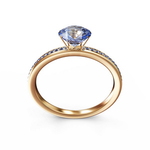 孤立在白色背景上的蓝色钻石与黄金结婚戒指