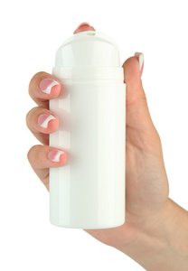 女人手拿着瓶用的奶油，孤立在白色