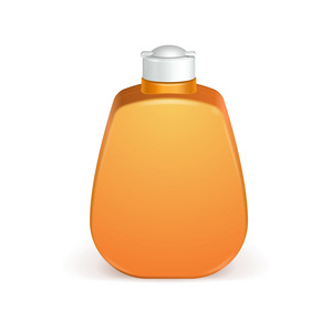 封闭的化妆品或  生橙色 黄色塑料瓶的凝胶 肥皂液 乳液 膏霜 洗发水。准备好您的设计。孤立在白色背景上的插图。矢量