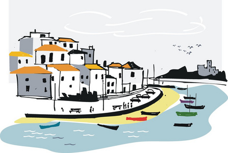 阿尔加维的渔村，葡萄牙矢量插画