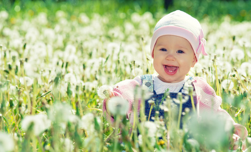 开心宝贝女孩草地上白色的花，在性质上与