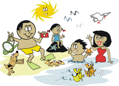 在海滩浮潜设备与快乐非洲家庭的卡通