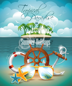 矢量夏季假日传单设计与棕榈树和热带背景上的航运要素