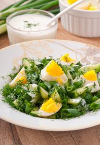 沙拉，加水煮的蛋 绿洋葱和黄瓜酸奶敷料