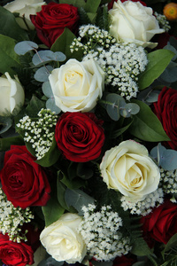 新娘的花束中的红 白玫瑰