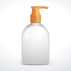 干净的白色塑料瓶，塑料带黄色饮水机泵沐浴露 皂液 乳液 霜 洗发水 泡泡浴。准备好您的设计。孤立在白色背景上的插图。矢