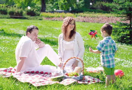 幸福的家庭有在公园里的野餐