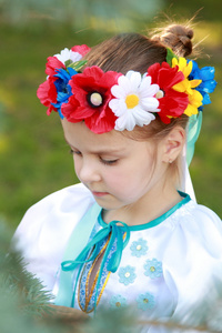 微笑小女孩在鲜艳的民族服装，乌克兰是在背景上的绿草中夏公园