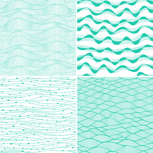 组的四个无缝抽象手绘模式，波浪背景。每个方形图案有重复或不可见缝平铺的能力