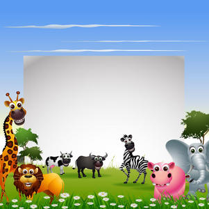 动物卡通集合与空白符号和热带森林背景