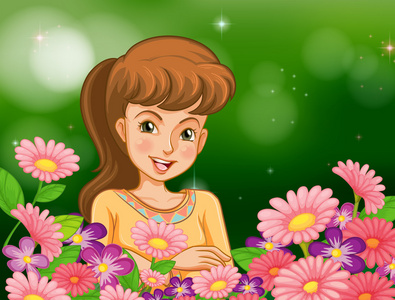 一个微笑女孩在花园里种花