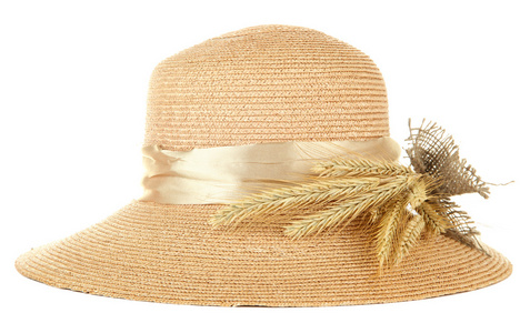美丽的夏天帽子与小穗上白色隔离