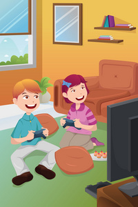 孩子玩视频游戏在家里