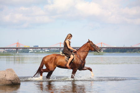 美丽少女骑着马在河中