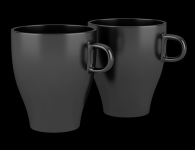 孤立在黑色背景上的两个黑色陶瓷杯