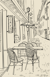 街头咖啡馆素描图