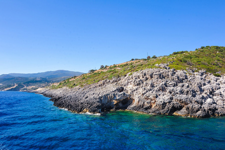 海岸的海岸的扎金索斯从海 greece.view