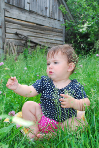 小女孩坐在草坪的三叶草