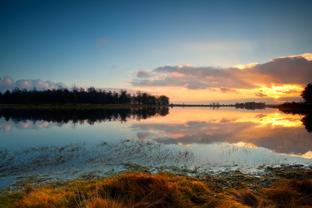 在 dwingelderveld 中湖平静日落