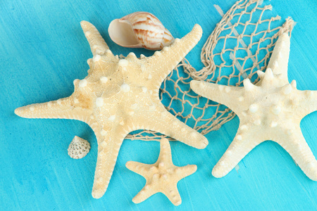 关于蓝色木制表特写白色 starfishes