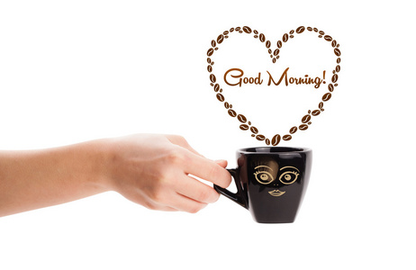 咖啡杯咖啡豆形心与早上好签