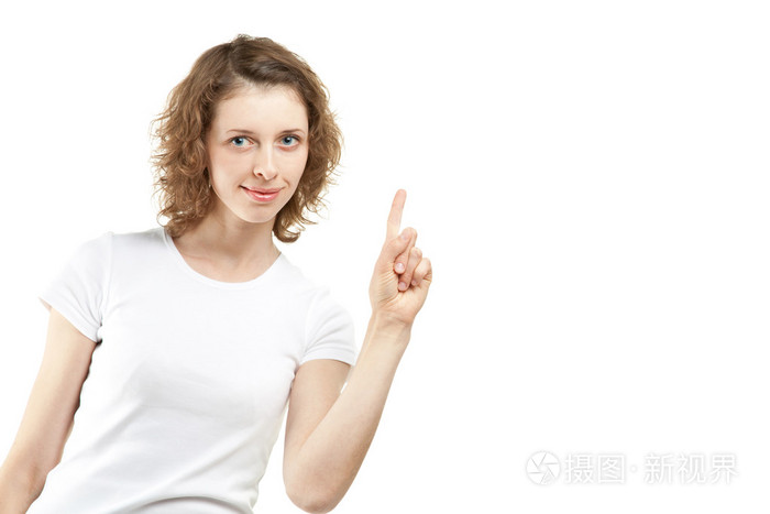 年轻女子指着什么,copyspace