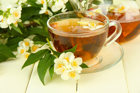 喝杯茶用茉莉花，木桌上特写