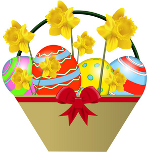 复活节篮子鸡蛋和水仙花