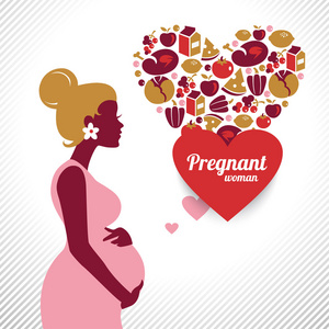怀孕的女人剪影。心的形状与矢量食物图标