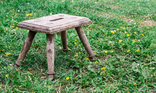 在草地上，老木椅