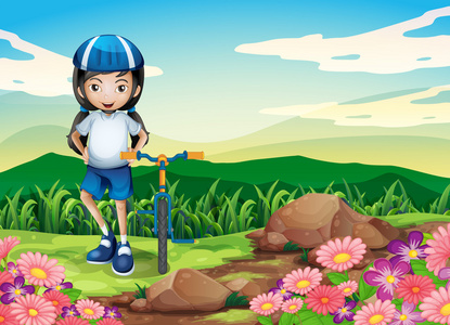 一位年轻女郎自行车站在靠近岩石区域