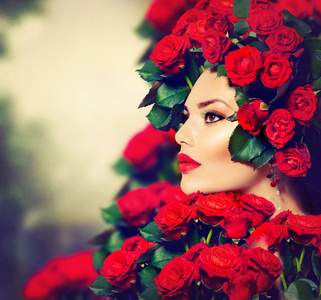 红玫瑰发型美容时尚模型女孩画像