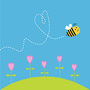 飞行的蜜蜂。在天空中的破折号心。卡