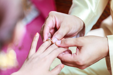 新郎新娘的左手无名指上戴着戒指