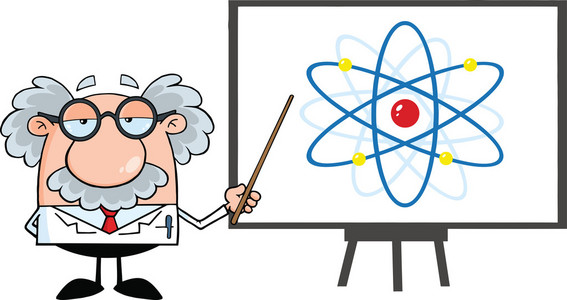 有趣的科学家或教授用指针提出原子图