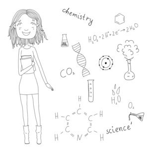 化学公式的背景，手中的书的漂亮女孩。徒手绘图学校项目。eps10