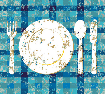 菜单设计 grunge 与蓝色桌布上的餐具