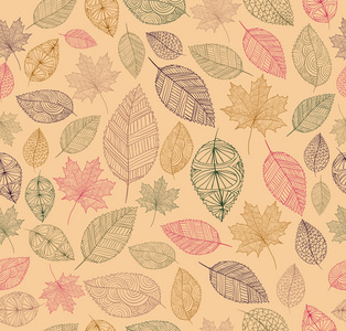 复古绘图秋天的叶子无缝图案背景。eps10 f