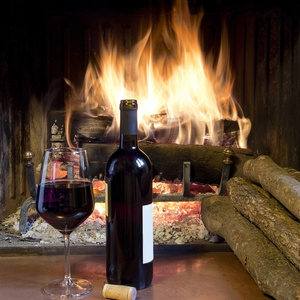 一杯红酒在壁炉前