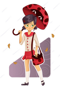 学校制服与瓢虫雨伞和袋中的女孩