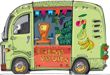 车辆充分的水果和蔬菜卡通明星