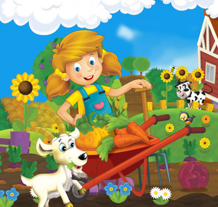 小女孩在农场为孩子们的快乐图