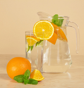 水罐，玻璃与饮料 成熟的橙子和薄荷