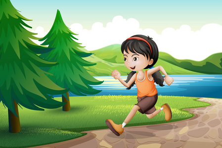 一个女孩在河岸边跑了松树