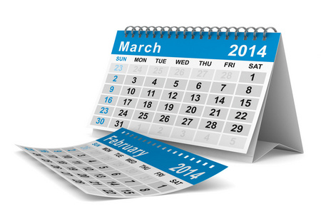 2014 年日历。3 月。孤立的 3d 图像
