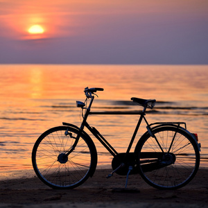 海中反对日落海滩上的旧复古自行车