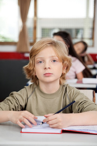 小学生在本书在桌子上写的肖像