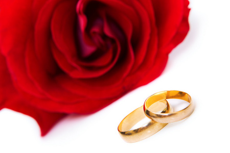 鲜艳红玫瑰与两个结婚戒指图片