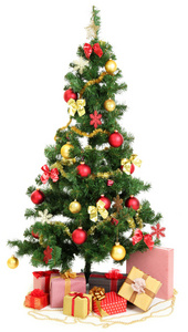 装饰的圣诞树用白色上孤立的礼物